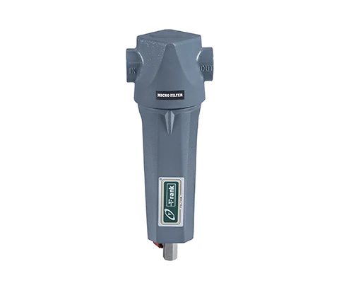 Front view of Frank FMF 70 compressed air filter with differential gauge and aluminium housing
